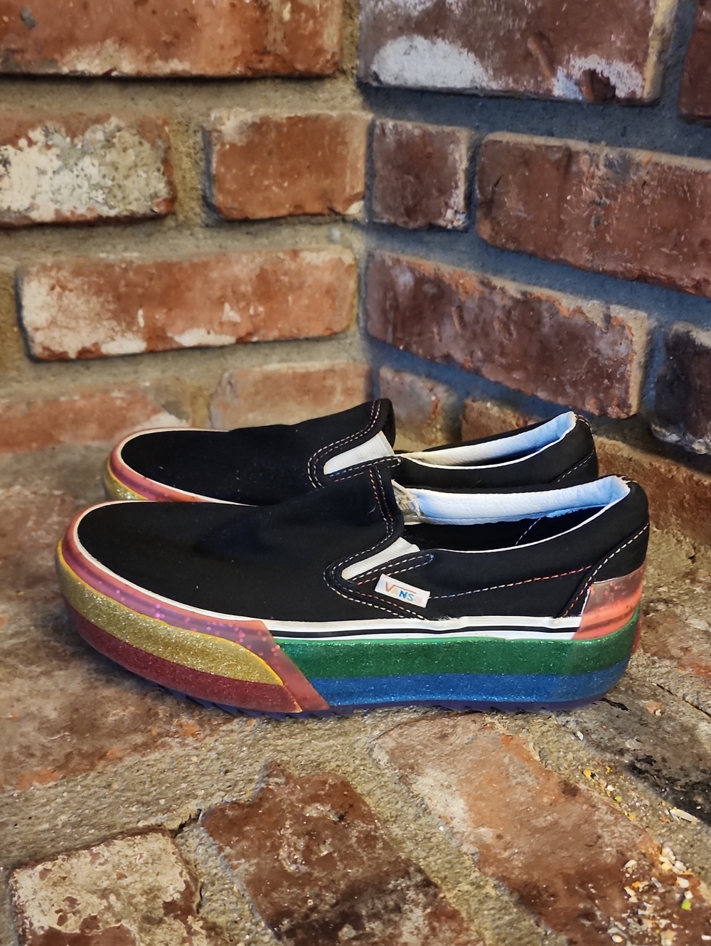 Vans Black Slip-On Rainbow Glitter Platform Sneakers